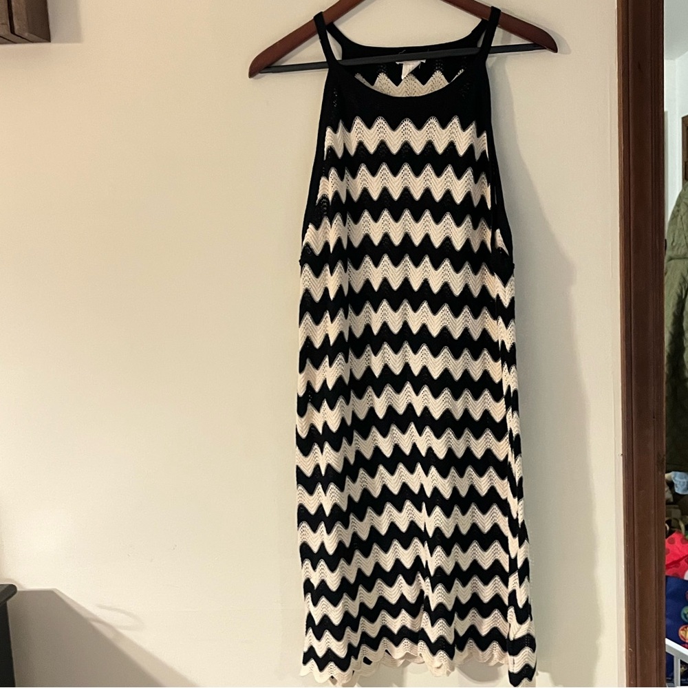 Haute Hippie Cotton Black Cream Ivory Wavy Zigzag Midi Dress Coverup
